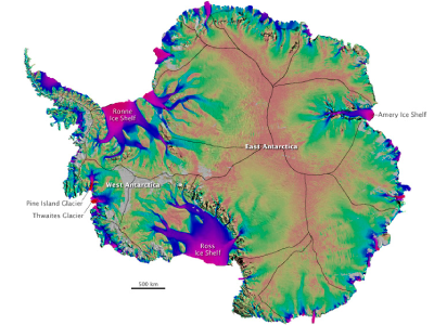 Color-coded map of ice velocities in Antarctica