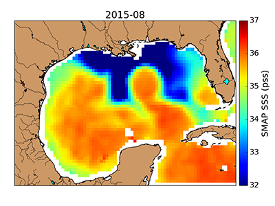 Map of sea surface salinity during a 2015 flooding event in the Gulf of Mexico