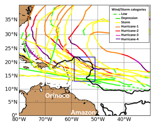 Five years of summertime storm tracks for North Atlantic tropical cyclones within a 2 month period between 15 July and 15 September in the years 2010–2014