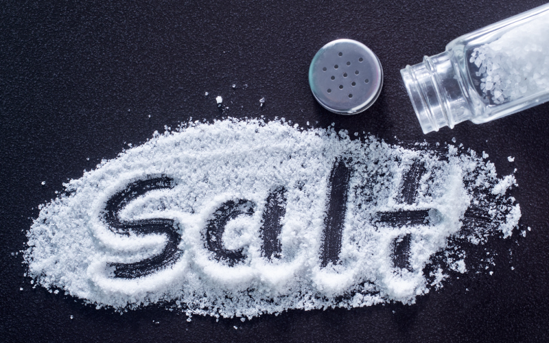 Salt grains on a tabletop
