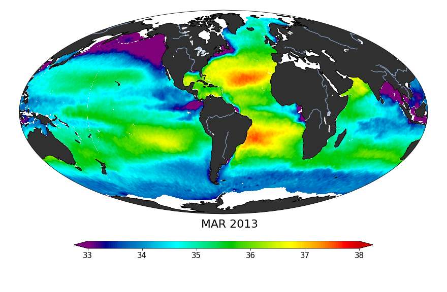 Sea surface salinity, March 2013