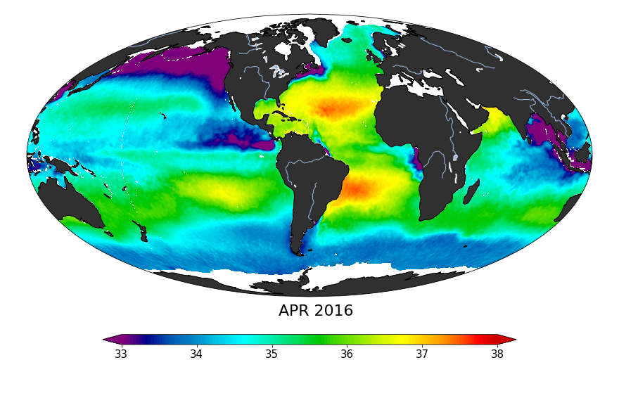 Sea surface salinity, April 2016