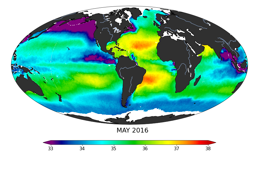 Sea surface salinity, May 2016