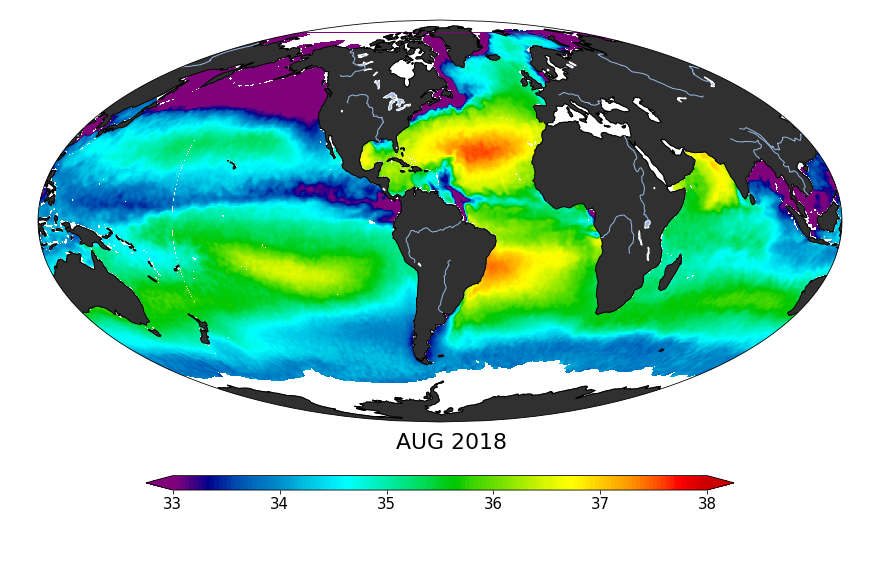 Sea surface salinity, August 2018