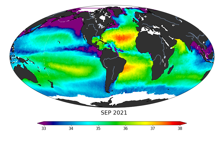 Sea surface salinity, September 2021