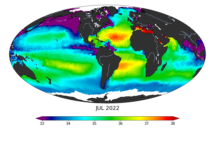 Global map of monthly sea surface salinity, July 2022