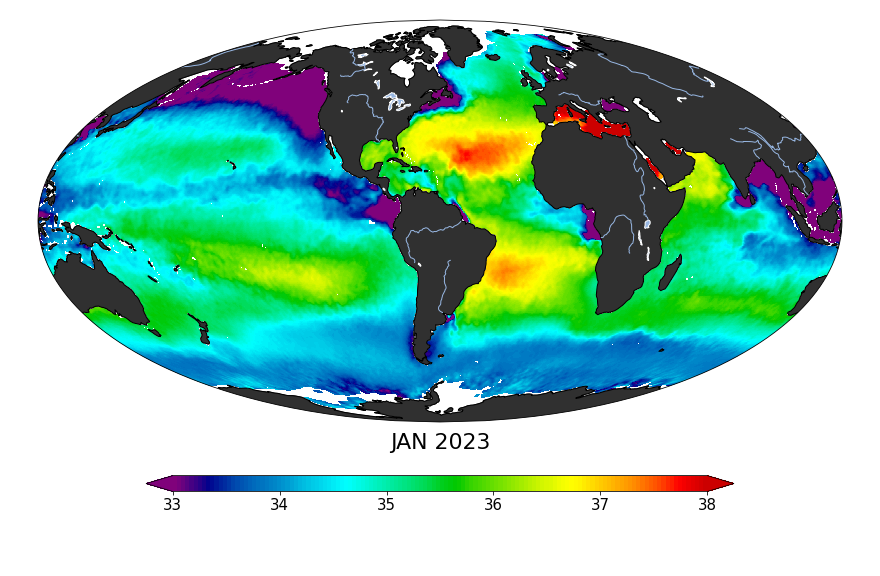 Global map of monthly sea surface salinity, January 2023