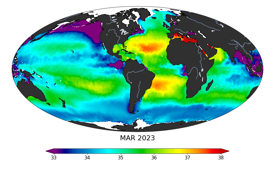 Global map of monthly sea surface salinity, March 2023
