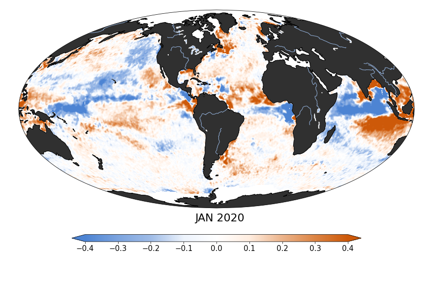 Sea surface salinity, January 2020