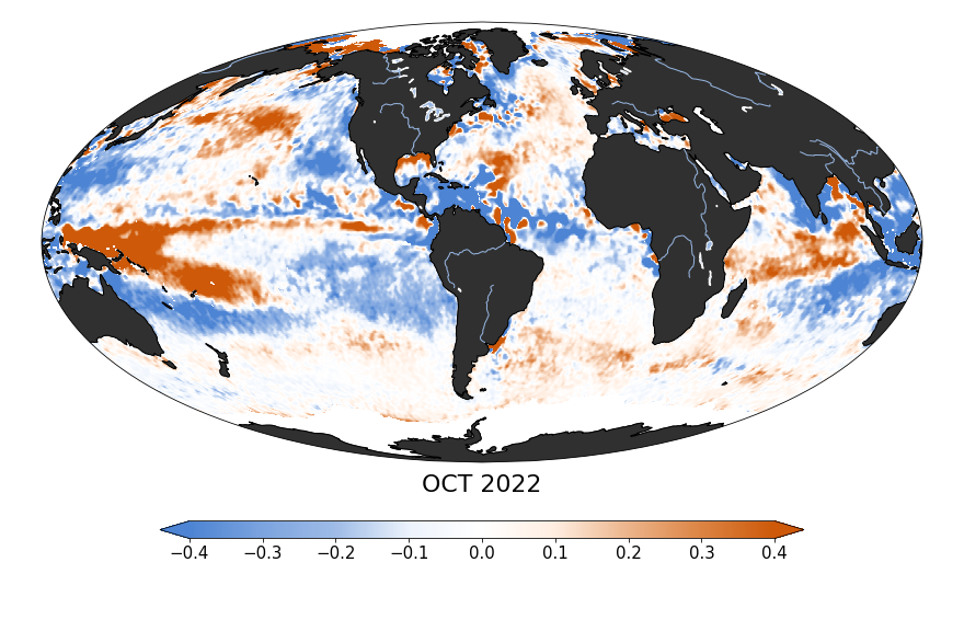 Global map of monthly sea surface salinity anomaly data, October 2022