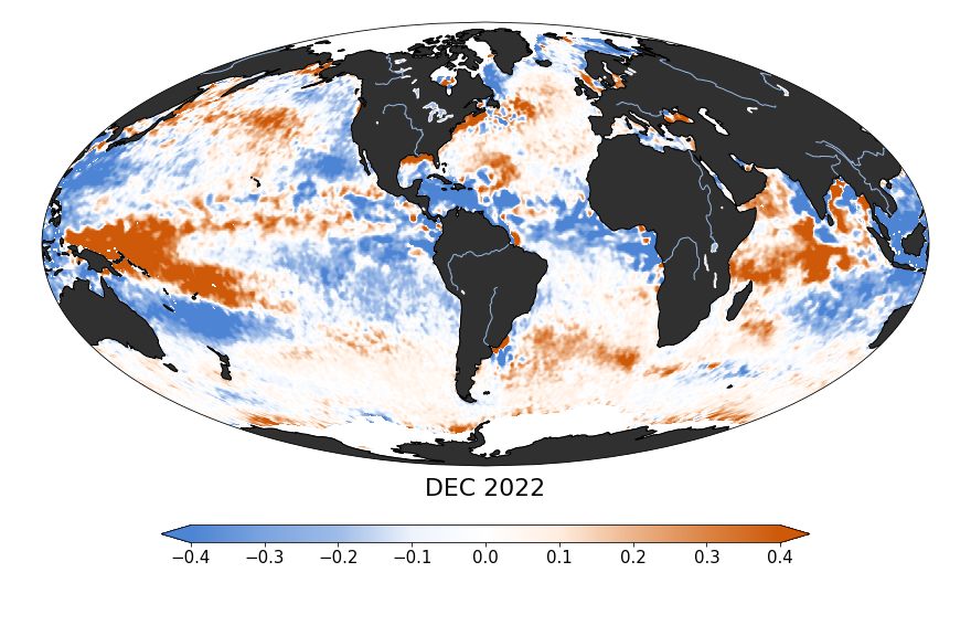 Global map of monthly sea surface salinity anomaly data, December 2022