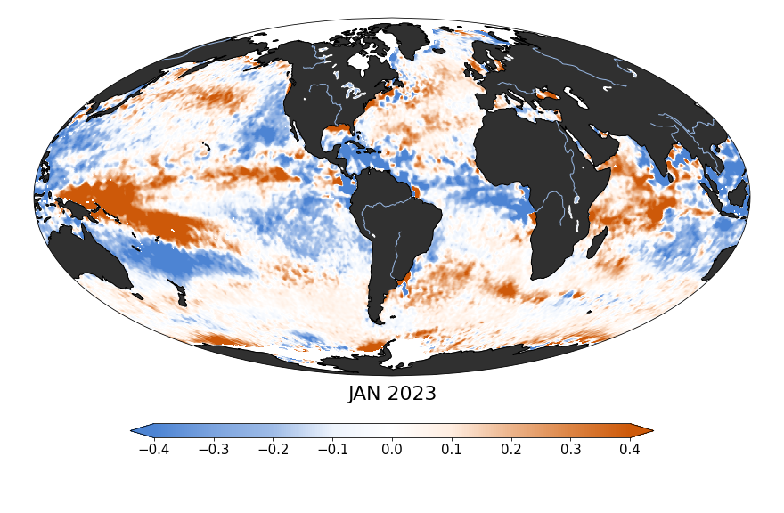 Global map of monthly sea surface salinity anomaly data, January 2023