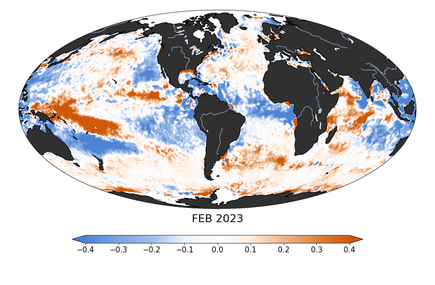 Global map of monthly sea surface salinity anomaly data, February 2023
