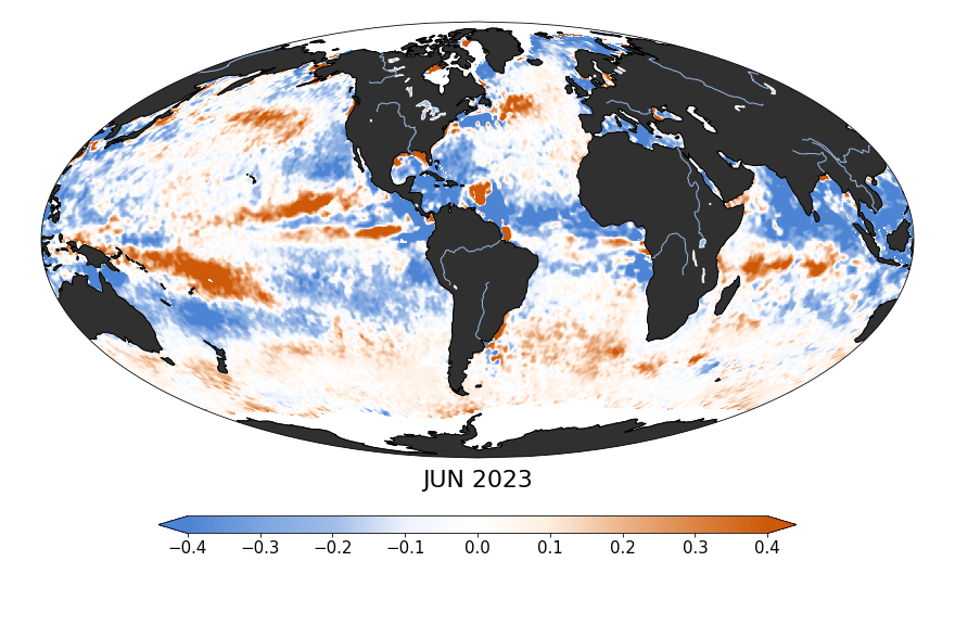 Global map of monthly sea surface salinity anomaly data, June 2023