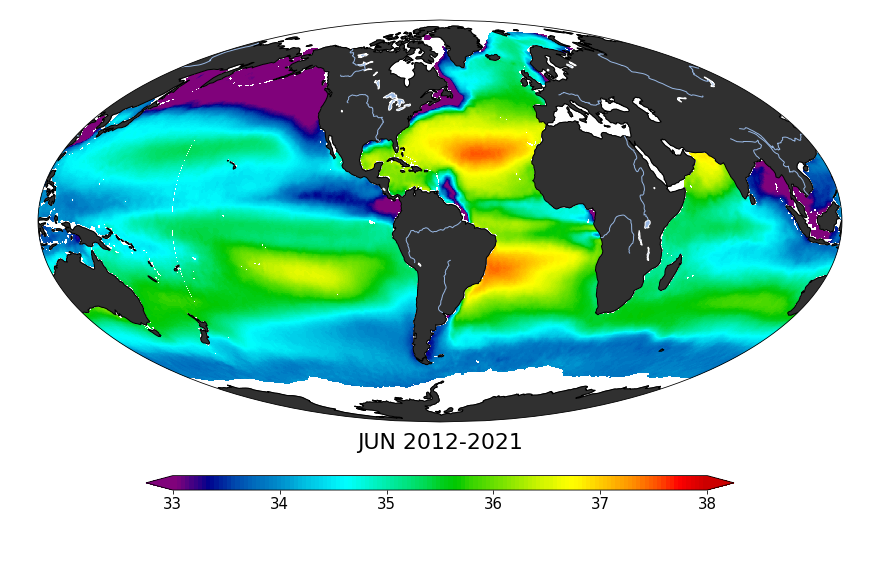 Global composite map of sea surface salinity, June 2012-2021