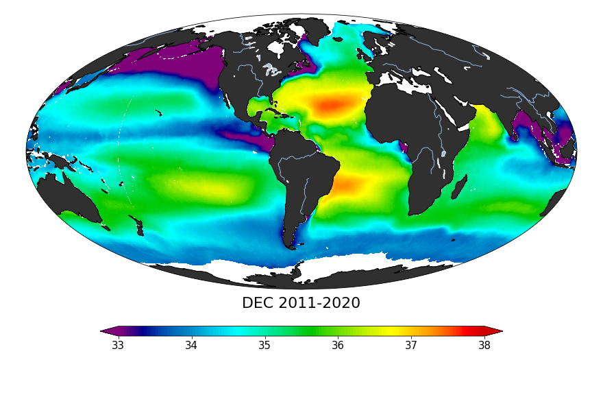 Global composite map of sea surface salinity, December 2011-2020