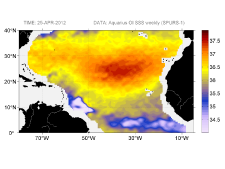 Sea surface salinity, April 25, 2012