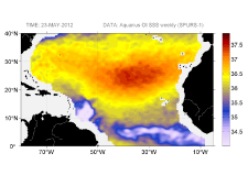 Sea surface salinity, May 23, 2012