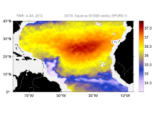 Sea surface salinity, July 4, 2012