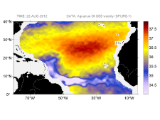 Sea surface salinity, August 22, 2012