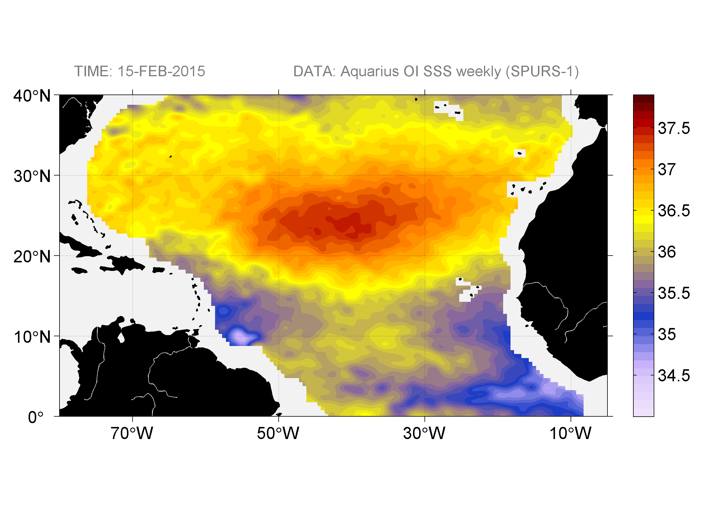 Weekly gridded map of sea surface salinity, week ofFebruary 15, 2015.