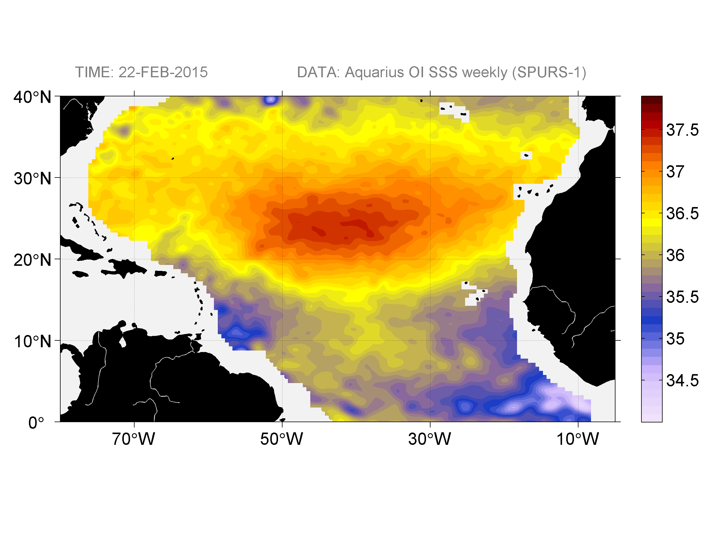 Weekly gridded map of sea surface salinity, week ofFebruary 22, 2015.