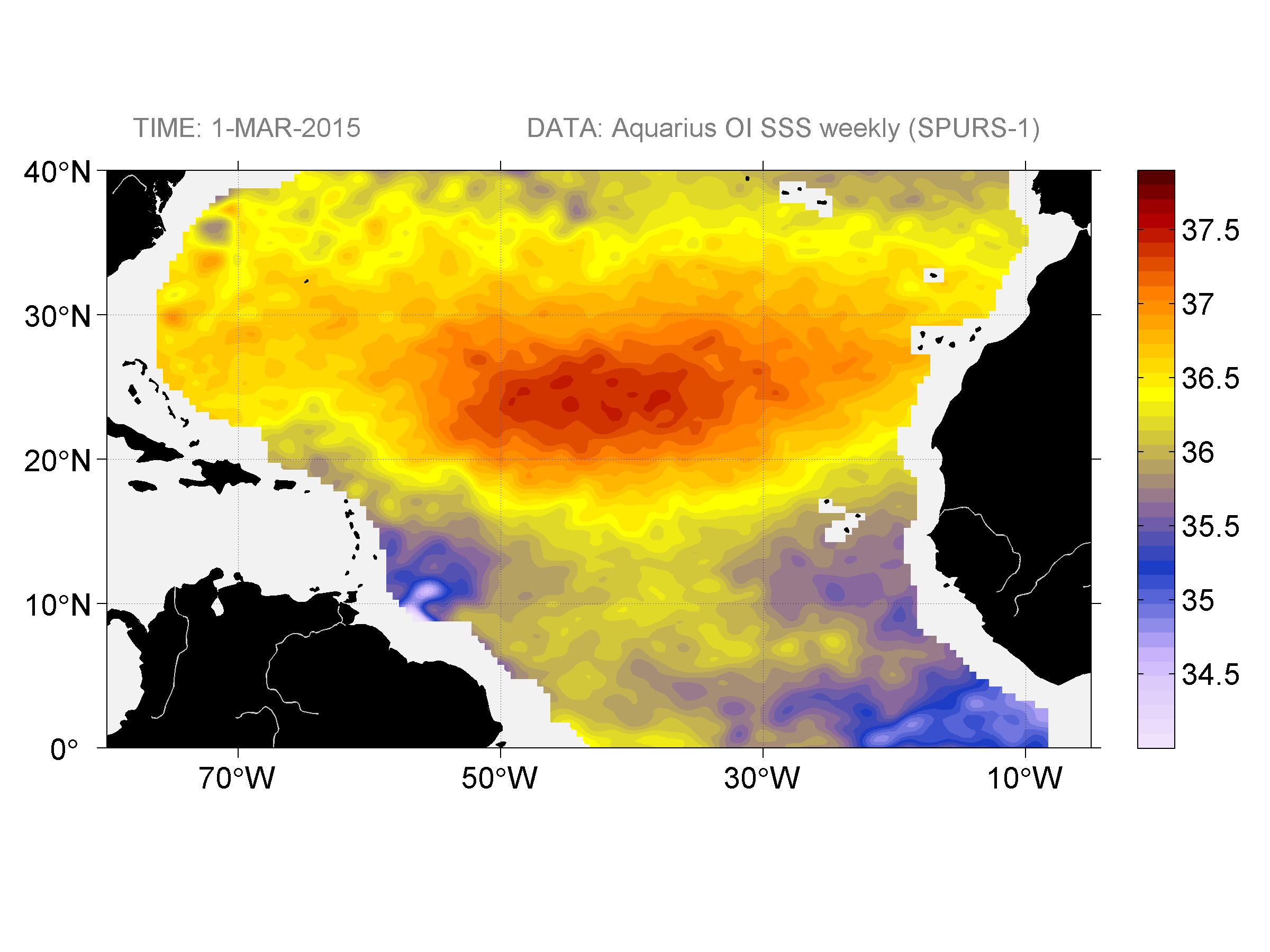 Weekly gridded map of sea surface salinity, week ofMarch 1, 2015.