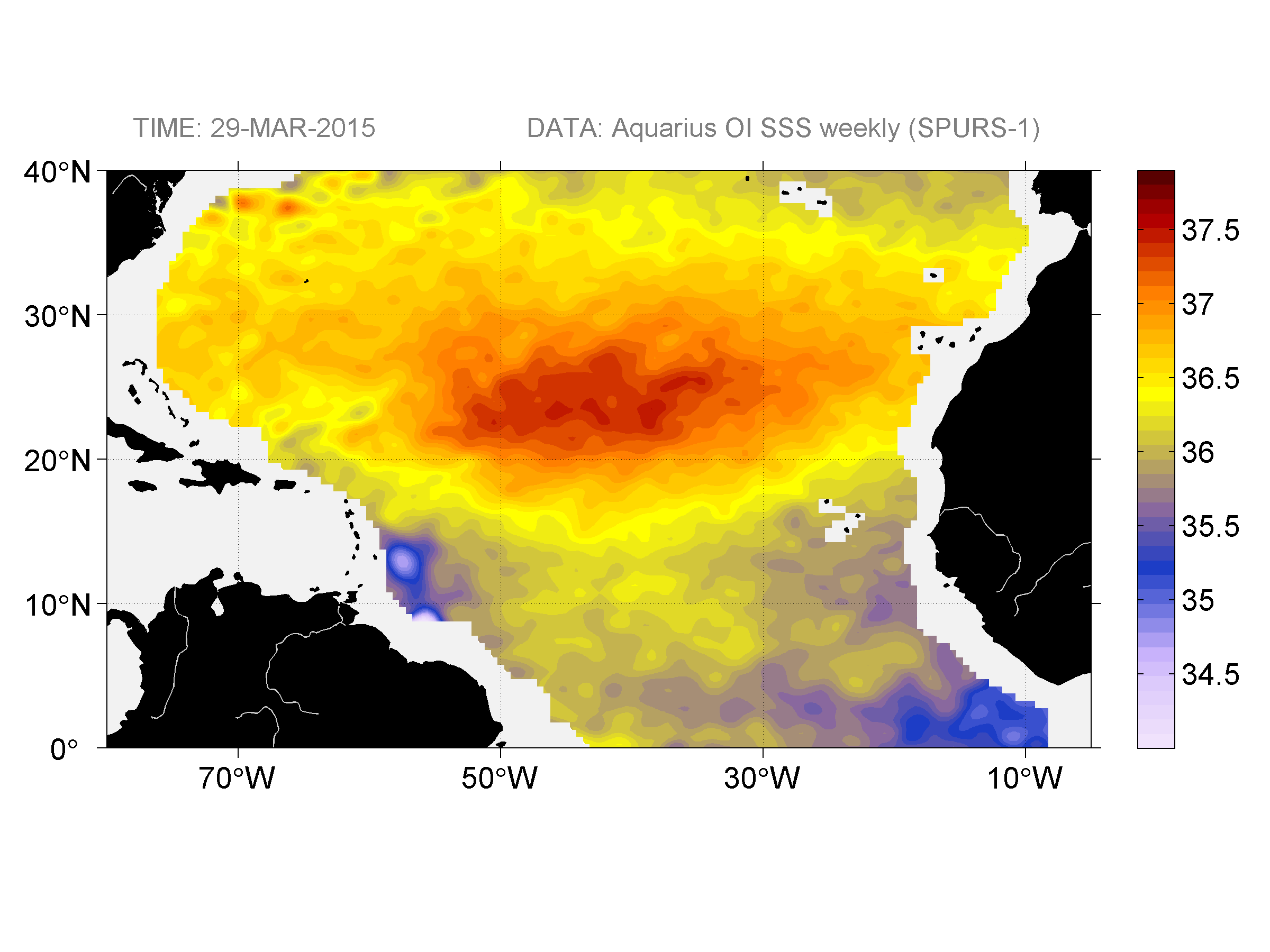 Weekly gridded map of sea surface salinity, week ofMarch 29, 2015.