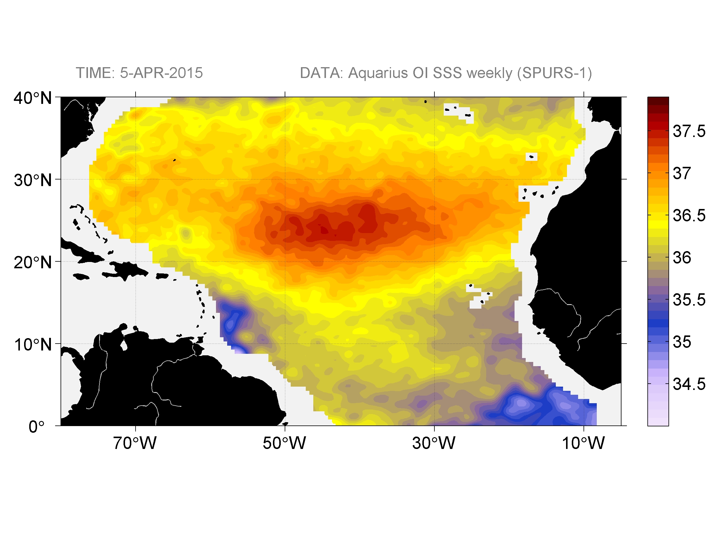 Weekly gridded map of sea surface salinity, week ofApril 5, 2015.