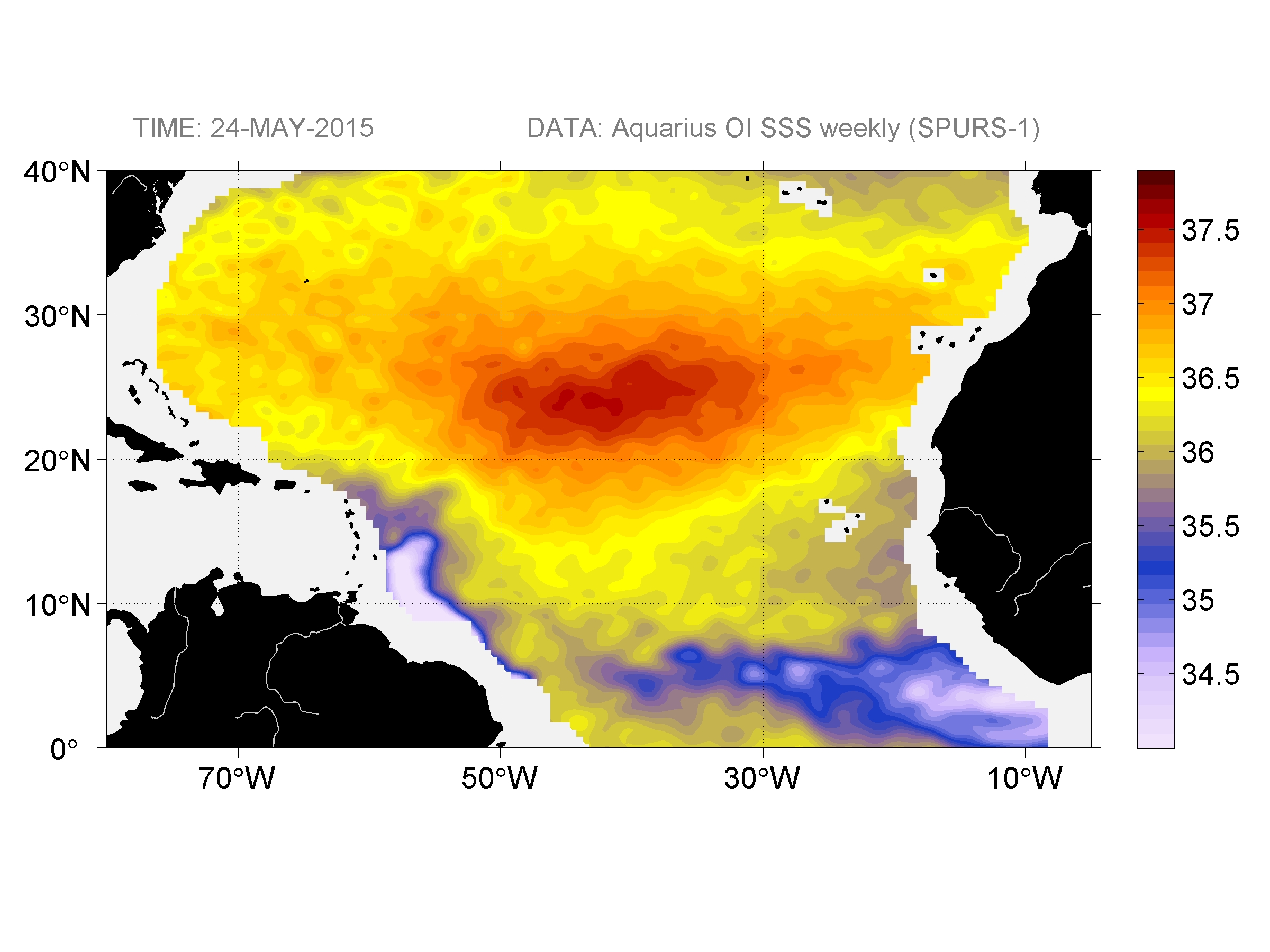 Weekly gridded map of sea surface salinity, week ofMay 24, 2015.