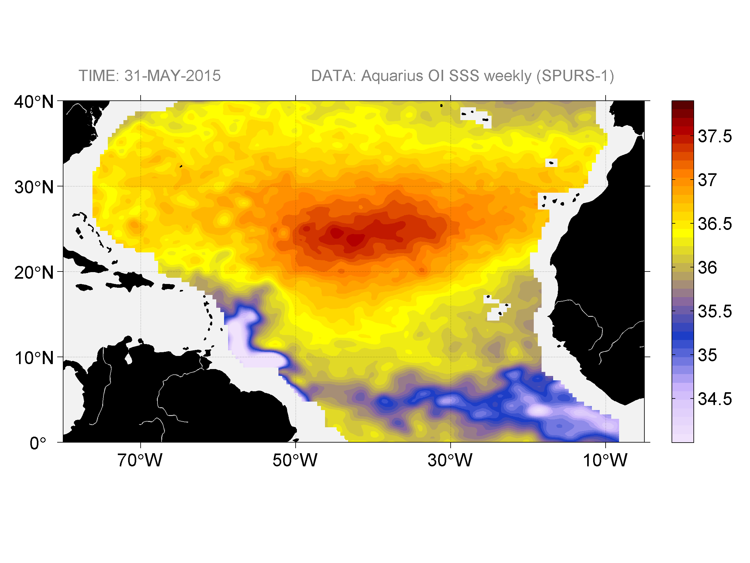 Weekly gridded map of sea surface salinity, week ofMay 31, 2015.