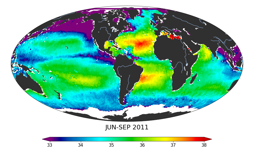 Global sea surface salinity, June 2011 - September 2011