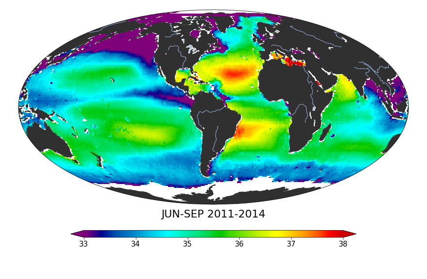 Global sea surface salinity, June 2011 - September 2014