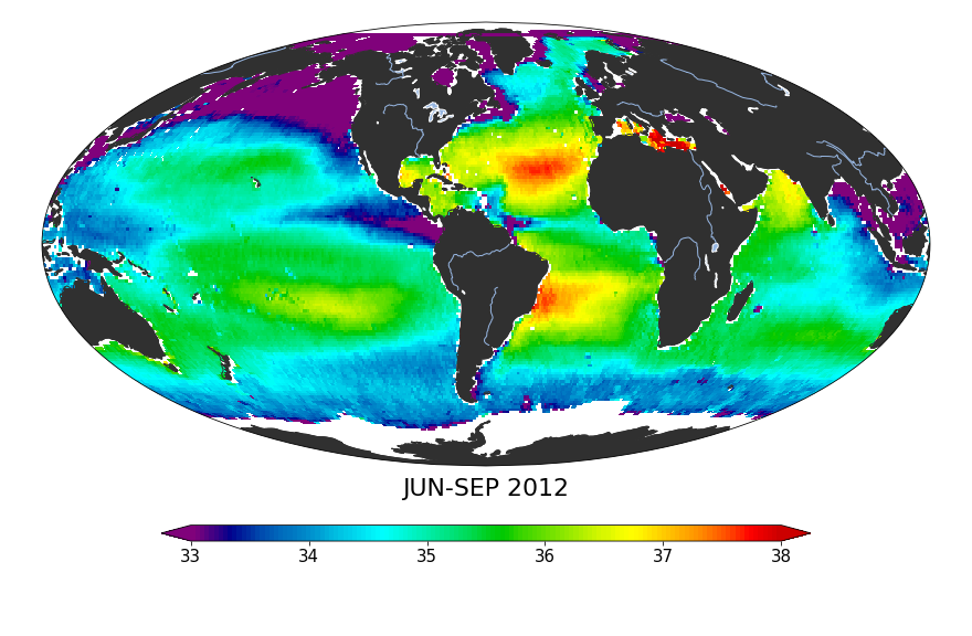 Global sea surface salinity, June 2012 - September 2012