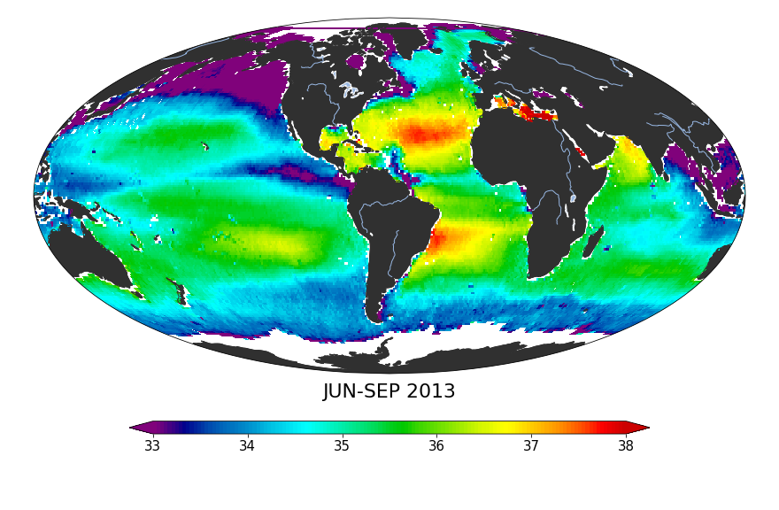 Global sea surface salinity, June 2013 - September 2013