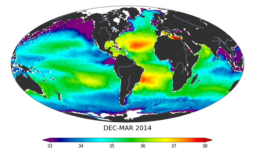 Global sea surface salinity, December 2013 - March 2014