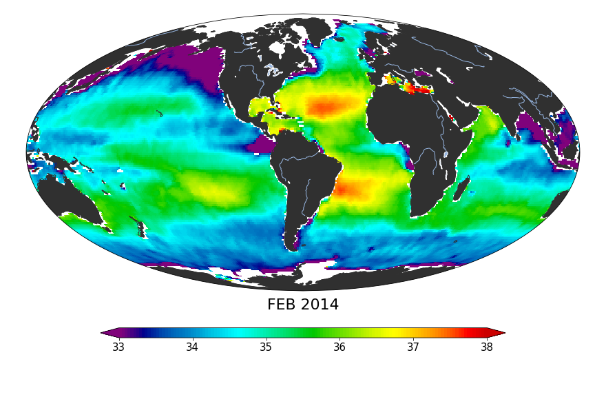 Global Sea surface salinity, February 2014