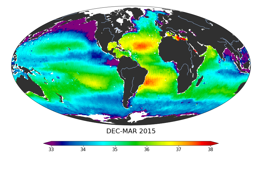 Global sea surface salinity, December 2014 - March 2015