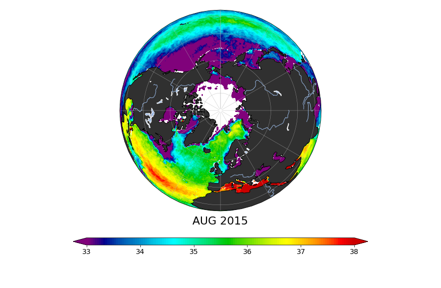 Sea surface salinity, August 2015