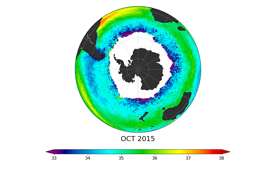 Sea surface salinity, October 2015