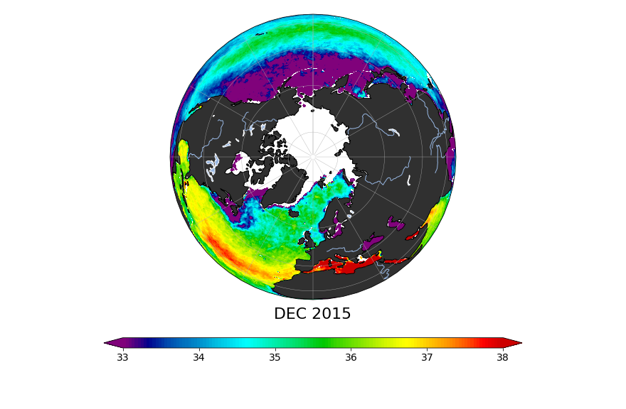 Sea surface salinity, December 2015