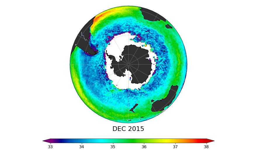 Sea surface salinity, December 2015