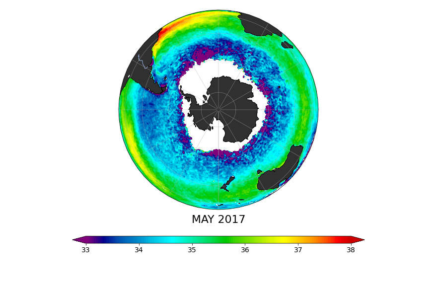 Sea surface salinity, May 2017