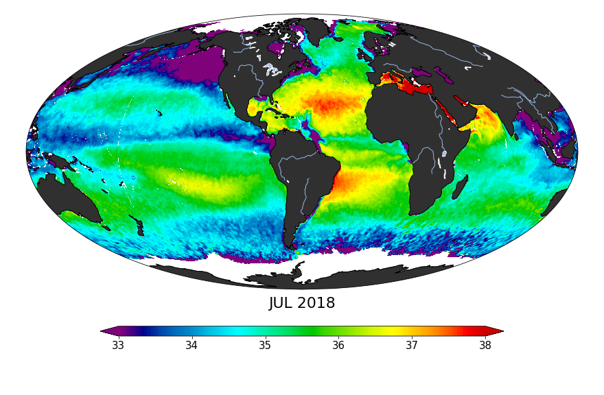 Sea surface salinity, July 2018
