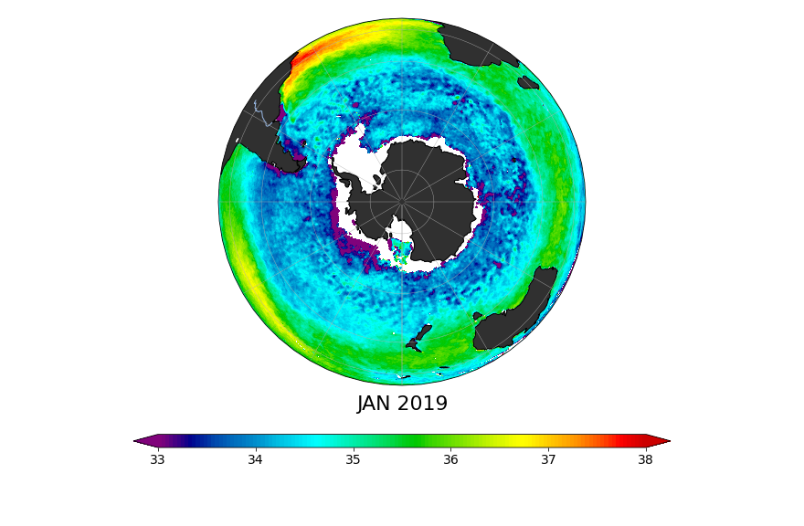 Sea surface salinity, January 2019