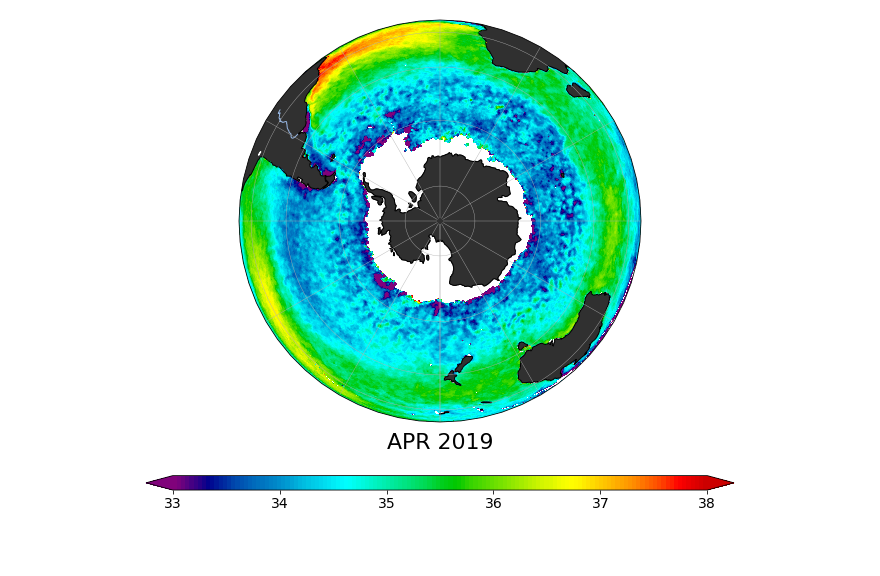 Sea surface salinity, April 2019