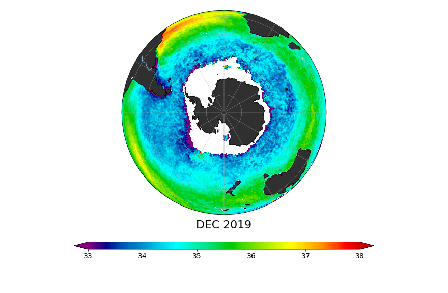 Sea surface salinity, December 2019