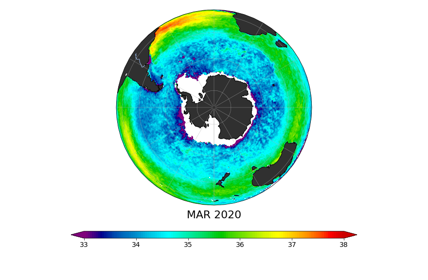 Sea surface salinity, March 2020