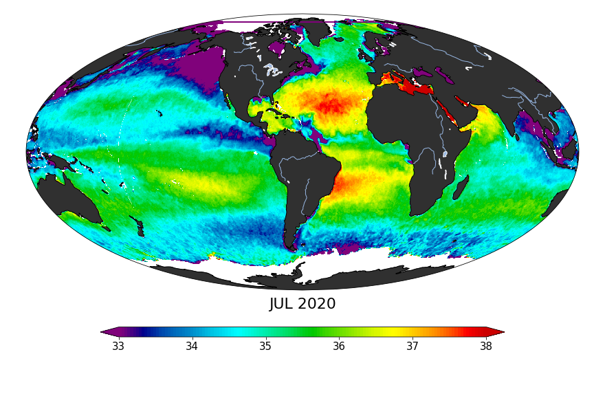 Sea surface salinity, July 2020