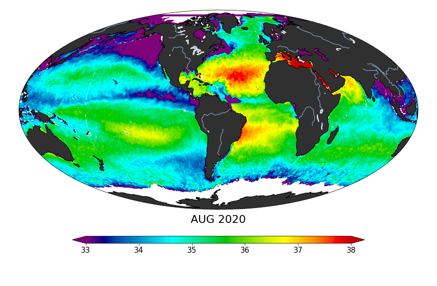 Sea surface salinity, August 2020